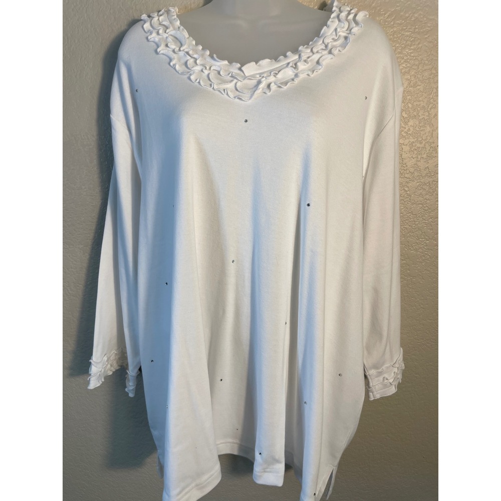 Quacker Factory Womens 3X Top White Ruffle Neck Rhinestone Studded Cotton NEW